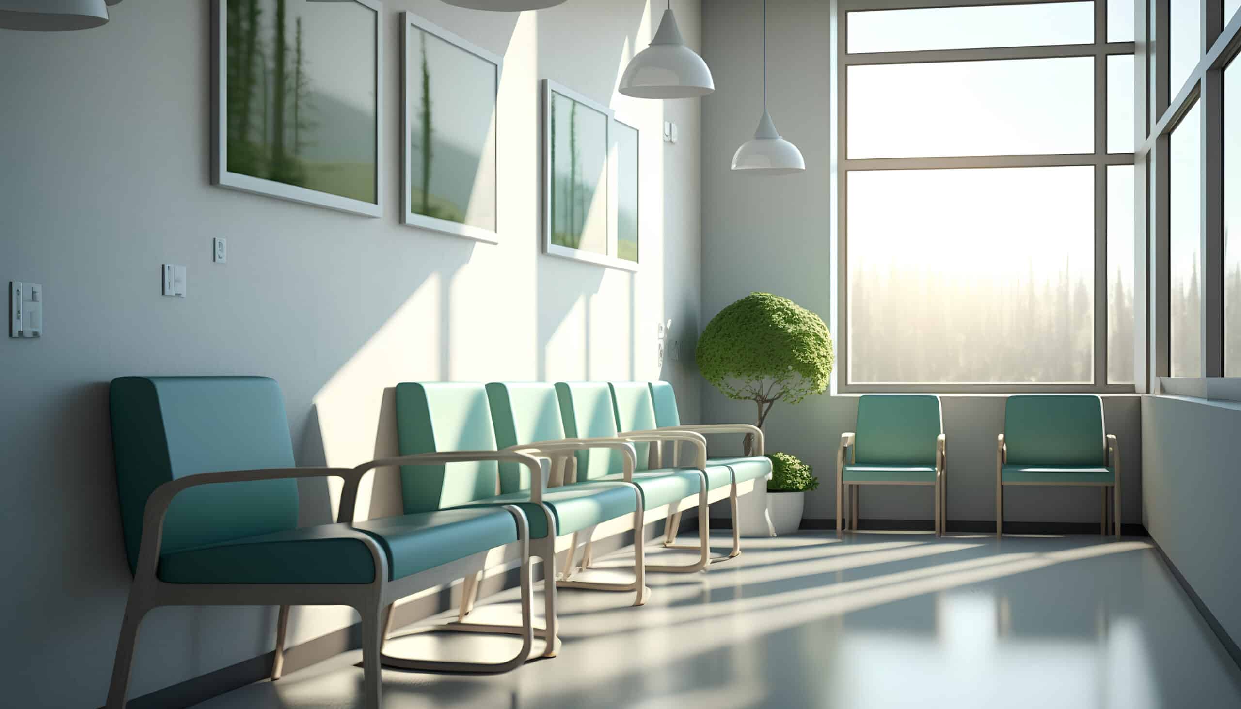 hospital waiting room with green chairs.