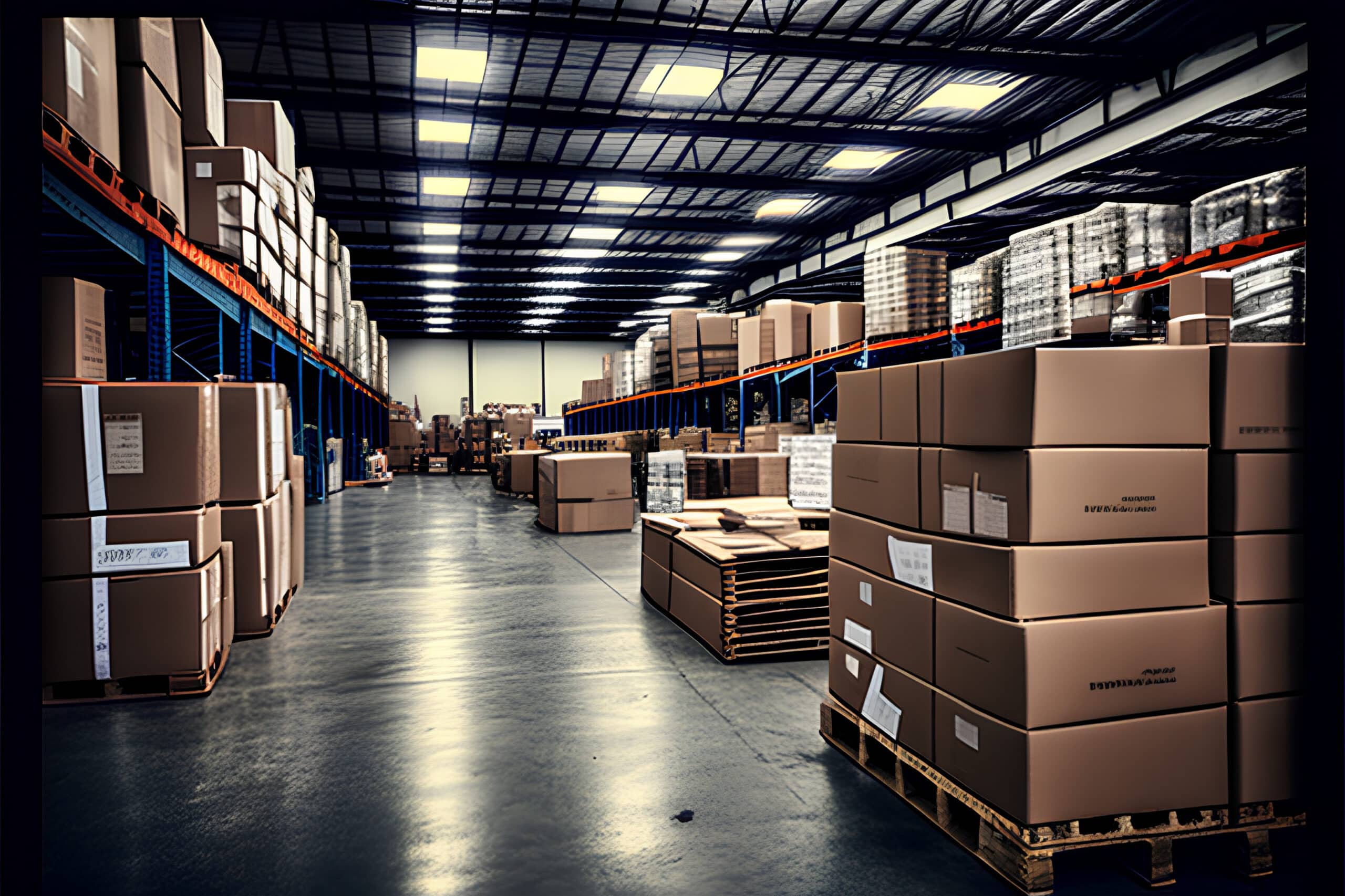 Warehouse interior with shelves and boxes. 3d rendering toned image