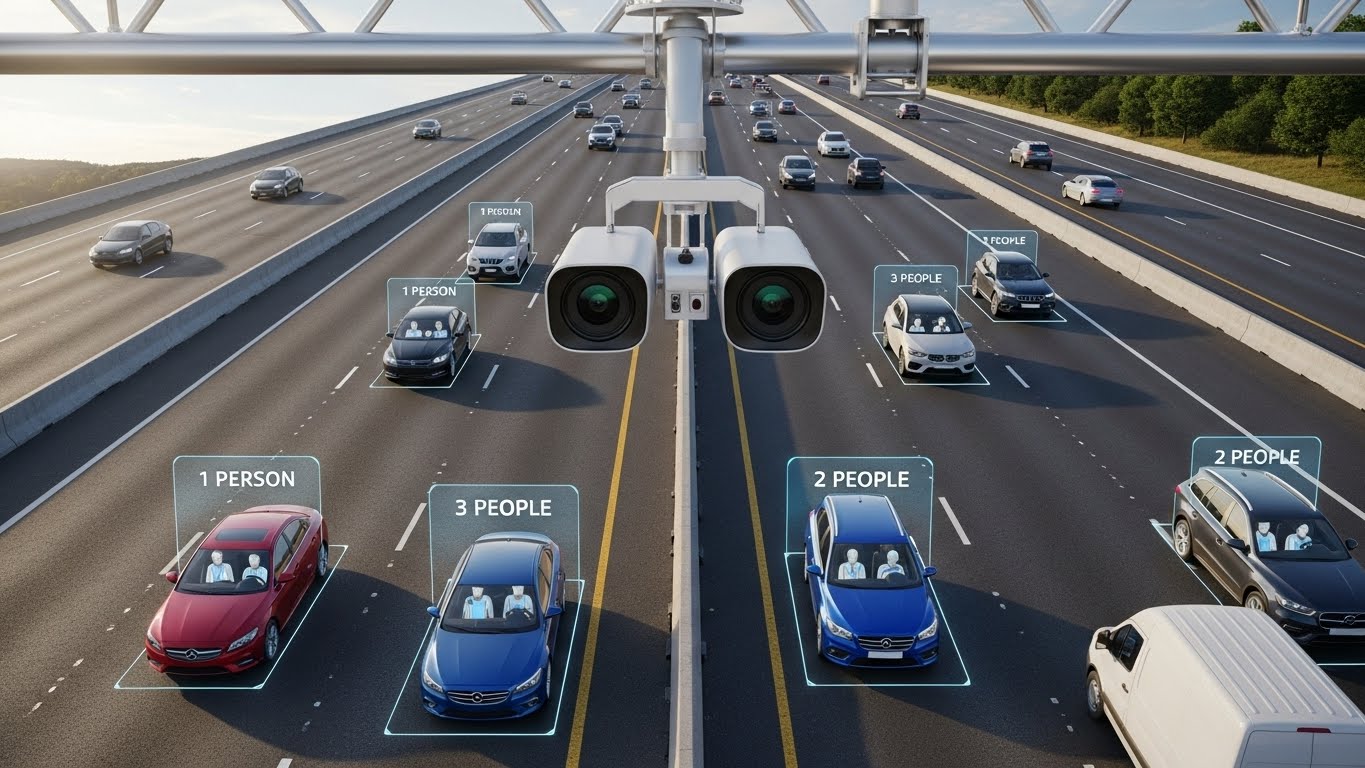 Highway Carpool Enforcement Camera: A camera that counts the number of people inside cars as they travel on the highway.