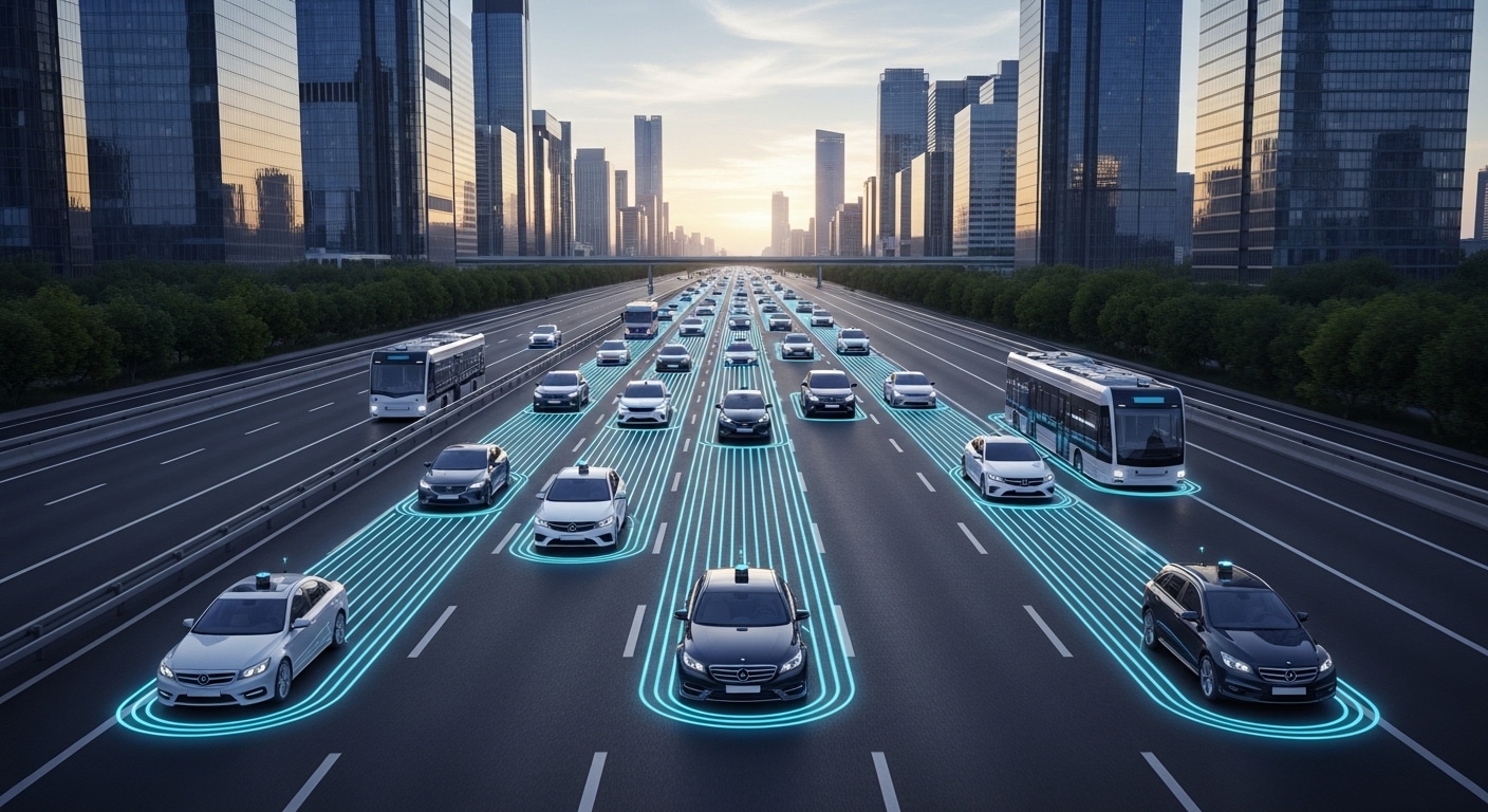 please creat a picture of viehcle driving in a line and the virtual loops lines undernith them .